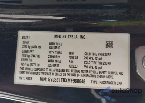 2021 Tesla Model 3 Long Range Dual Motor All-Wheel Drive from USA, damaged, VIN 5YJ3E1EBXMF980648